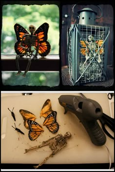 several different pictures with some butterflies in them and one has a birdcage on it