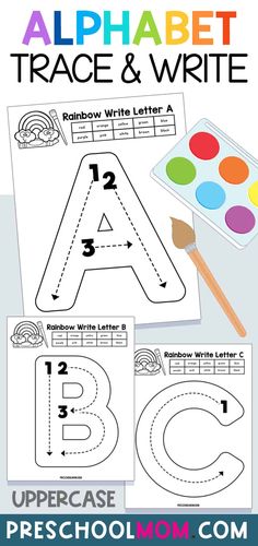 the alphabet trace and write worksheet is shown with an image of a brush, paint