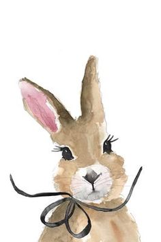 a watercolor painting of a rabbit with a ribbon around its neck