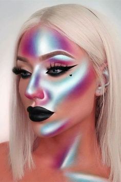 Extravagant Makeup Looks, Scifi Makeup, Advanced Makeup, Holographic Makeup, Extreme Makeup, Face Paint Makeup, Face Art Makeup