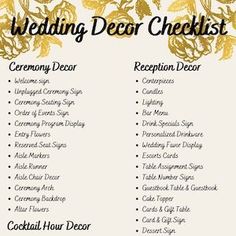 the wedding decor checklist is shown here