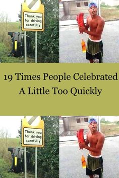 a man with no shirt on holding up a bottle and wearing swim trunks while standing in front of a street sign