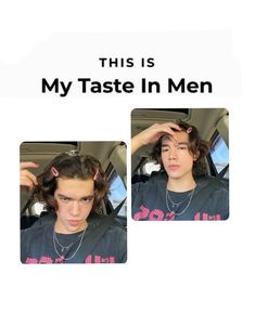 two pictures of a young man with his hair in a bun and wearing a t - shirt that says, this is my taste in men