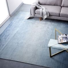 a living room with a gray couch and blue rug