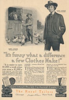 an advertisement for the royal tailors shows a man in a suit and hat standing next to chickens