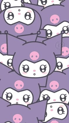 a bunch of cartoon animals with pink noses and eyes on purple background, all lined up in the same pattern