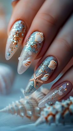 Sea Shell Nail Designs, Shell Nails Designs, Sea Shell Nails, Beachy Nail Designs, Nail Design Gold, Summer Dip, Shell Nails, Cheetah Print Nails