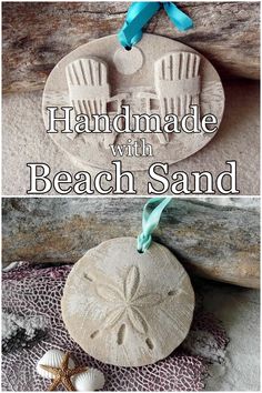 a sand dollar with the words handmade with beach sand written on it and an image of