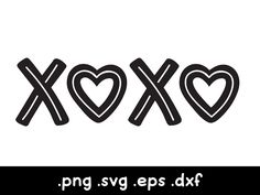 the word xoxo is written in black and white, with hearts on it