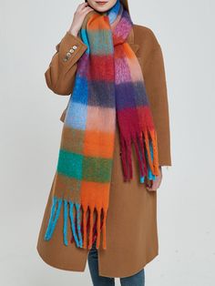 Thick Keep Warm Multi-Colored Plaid Tasseled Shawl & Scarf BLACK ORANGE-One_size Trench Coat Dress, Winter Typ, Drape Maxi Dress, Polyester Scarf, Tassel Scarf, Cashmere Shawl, Shawl Scarf, Midi Dress Casual, Scarf Hat