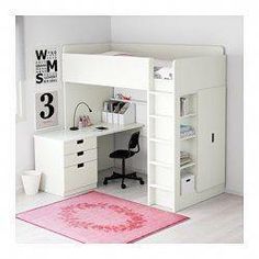 a white loft bed with desk and drawers