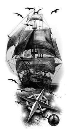 a black and white drawing of a ship with birds flying around it