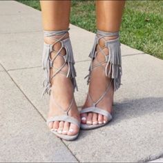 Fringe Suede Tie Up Heels Can Be Tied Different Ways Worn Once For An Event Super Cute And A Fun Way To Spice Up A Look! Tie Up Heels, Shoes Grey, Dream Board, Spice Things Up, Shoes Women Heels, Gray Color, Shoes Heels, Super Cute, Size 7