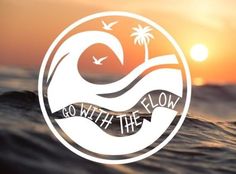 the logo for go with the flow is shown in front of an ocean and sunset