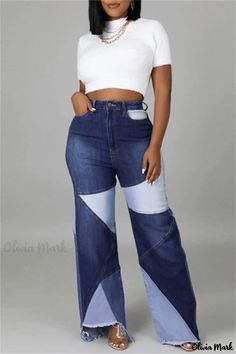 Olivia Mark - Premium Womens High Waisted Denim Jeans featuring Exquisite Patchwork Detail in Classic Blue Non-stretch Denim Patchwork Pants, Non-stretch Patchwork Denim Pants, Denim Blue Patchwork Jeans, Non-stretch Dark Wash Patchwork Jeans, Non-stretch Patchwork Blue Jeans, Denim Blue Patchwork Bottoms, Patchwork Denim Blue Denim Bottoms, Patchwork Denim Blue Bottoms, Denim Blue Flare Jeans With Patchwork For Spring