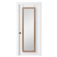 a white door with a wooden frame and mirror on the front side, isolated against a white background