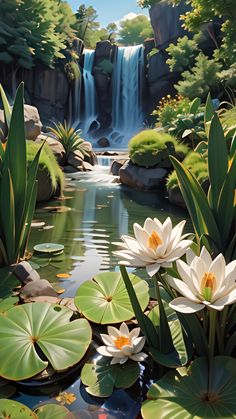 a painting of water lilies in front of a waterfall