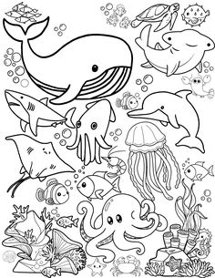 ocean animals coloring page Animal For Coloring, Aquarium Coloring Page, Animal Colouring In Free Printable, Coloring Activities For Kids Worksheets, Whale Coloring Pages Free Printable, Colouring Pages For Kids Printables