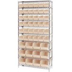 wire shelving unit with bins and baskets on the bottom shelf, for storage