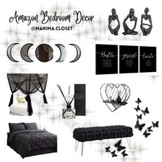 black and white bedroom decor is featured in this image