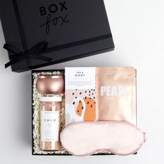 BOXFOX Black Gift Box filled with Azeria Pink Silk Sleep Mask Mini Emergency Kit, Pop Fizz Clink, Silk Sleep Mask, Holiday Ribbon, Custom Gift Boxes, Rose Candle, Wellness Gifts, Sheet Mask, Delicious Chocolate