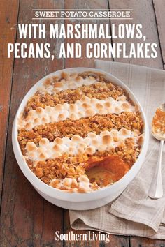 the cover of sweet potato casserole with marshmallows, pecans, and cornflakes