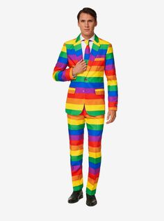 This rainbow suit includes all colors of the rainbow because an outfit never includes too many colors right? The slim fit outfit consists of a jacket pants and a tie. The pants have an adjustable waistband for a perfect fit. S: 34-36 Waist 33.5" Inseam 32.5" M: 38-40 Waist 35" Inseam 33.5" L: 42-44 Waist 37.5" Inseam 34" XL: 46-48 Waist 41" Inseam 35" 2XL: 50-52 Waist 44.7" Inseam 35" Cheap Prom Suits, Mens Group Fancy Dress, Wedding Dresses For Gay Men, Fairy Suits For Men, Gay Boy Prom Dress, Mens In Dresses, Kidcore Suits, Wheres Wally Fancy Dress, Rainbow Outfit