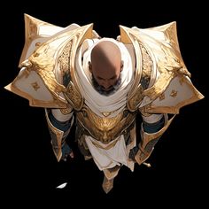 a man in white and gold armor with his head turned to the side looking down