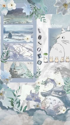 a collage of images with animals and flowers on them, including the words totoro