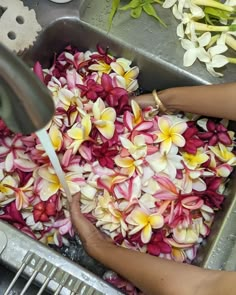 a person is scooping flowers out of a metal sink to be used for flower arrangements