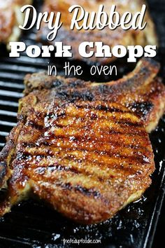 grilled pork chops on the grill with text overlay