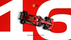 a ferrari racing car on a red and white background with the number six below it