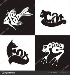 four different logos with animals and letters in black and white colors stockvectors