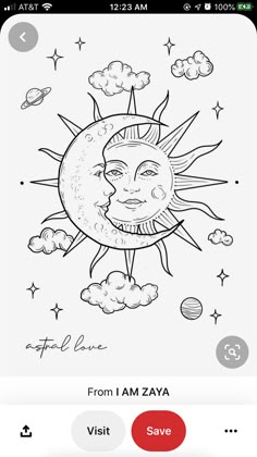 the sun and moon coloring book is shown on an iphone screen, with text below it