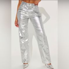 Felt A Spark Metallic Straight Leg Pants - Silver Purchased For Beyonc Concert Too Small They Fit More Like A 12 Parachute Pant, Metallic Pants, Fashion Nova Pants, Exposed Zipper, Faux Leather Pants, Flare Pants, Straight Leg Pants, Fashion Sense, Fashion Pants