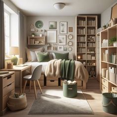 a bedroom with lots of bookshelves and pictures on the wall