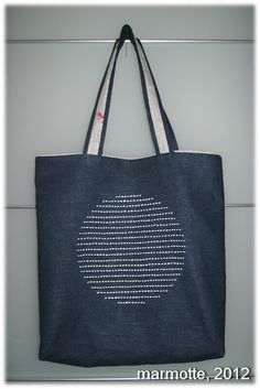 a blue tote bag with white dots on it