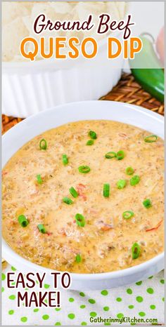 a bowl of ground beef queso dip with green onions