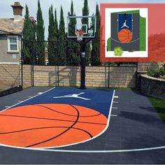 an outdoor basketball court in front of a house