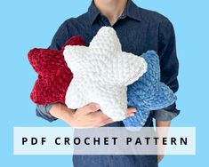 a person holding three crochet stars in their hands with the text, free pattern