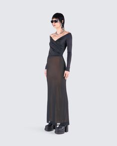 When the goal is to exude a dark mystique, this fit is your secret weapon 😏 Flaunting an off-shoulder top and gloves, perfectly paired with a striking black mesh maxi skirt - this two-piece set is your gateway to an irresistible and bold presence 🖤 Evening Sheer Maxi Skirt, Black Sheer Maxi Skirt For Party, Sheer Stretch Maxi Skirt For Party, Party Sheer Black Maxi Skirt, Black Sheer Maxi Skirt For Evening, Black Fitted Maxi Skirt For Club, Fitted Black Maxi Skirt For Club, Black Fitted Evening Maxi Skirt, Black Fitted Maxi Skirt For Evening