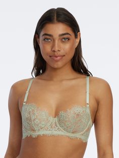 Fit Tip: Non-stretch lace. For fuller breasts, consider going up a cup in size. The Entice bra is delicate and light enough to make it the perfect sexy sheer bra. With just a hint of show through and an unlined balconette shape, this bra is sure to be a Skarlett Blue favorite in your lingerie wardrobe. The sexiest bra you'll find online. Unlined, underwire with balconette lace cups. Eyelash scalloped edge trims neckline. Brushed elastic at underarm for containment. Soft fabric backs for smooth l Bridal Lingerie Honeymoon, Garter Belt Lingerie, Lace Balconette, Honeymoon Lingerie, Girdles, Bra Sets, Sheer Bra, Blue Bra, New Bra