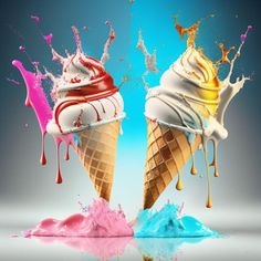 two ice cream cones with different colors splashing out of them