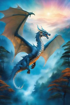 a painting of a dragon flying through the sky