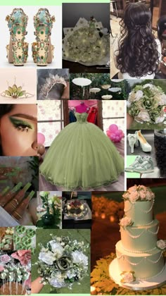 the collage shows many different types of wedding dresses and accessories, including shoes, veils, hair combs, flowers, and jewelry