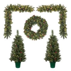 three christmas wreaths and two potted trees with red berries on them, all arranged in the shape of a rectangle