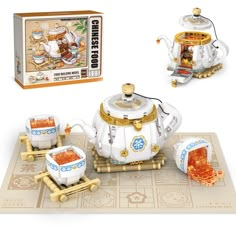 a toy tea set is shown in front of a box and instructions to make it