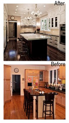 before and after pictures of a kitchen remodel with island, bar stools