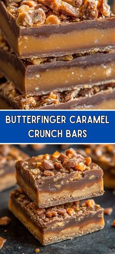 several pieces of peanut butterfingerer caramel crunch bars stacked on top of each other