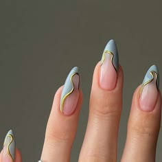 Nail Art On Two Nails, Nails With Circles, Nail Art Designs 2024, Italian Nails Trends, Ongles Baby Blue, Nail Design Gold, Design Nails Art, Fake Acrylic Nails, Uñas Aesthetic